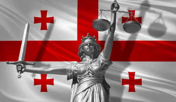 Cover about Law. Statue of god of justice Themis with Flag of Georgian background. Original Statue of Justice. Femida, with scale, symbol of justice with Georgian flag, 3d rendering.