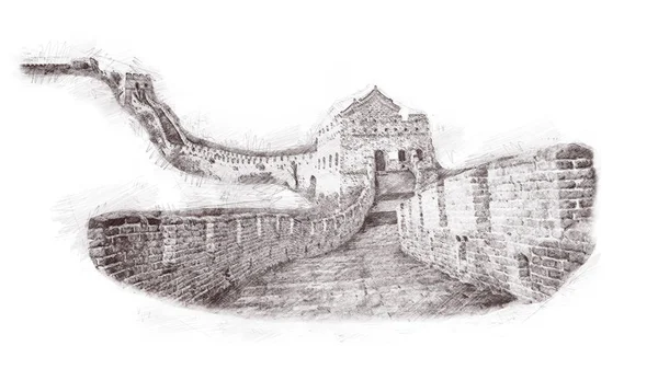 中国万里长城的素描风格 素描在白色的隔离 水彩中国历史剧院为印刷品 纪念品 明信片 T恤衫 — 图库照片