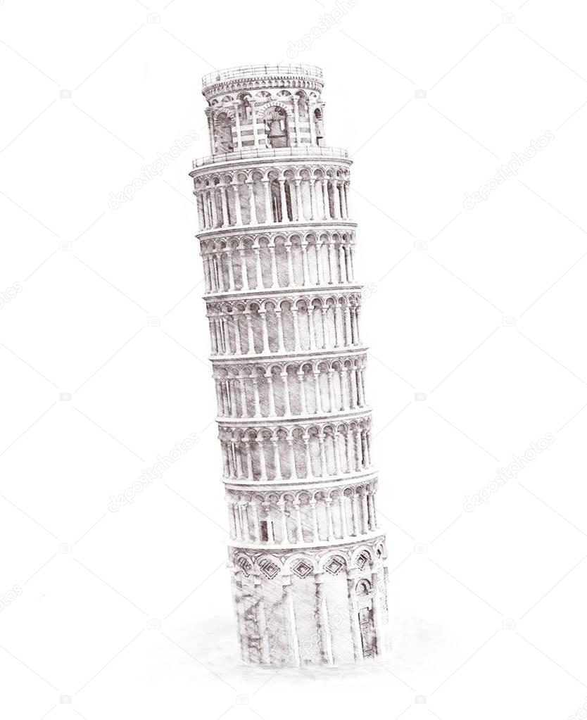 Illustration drawing pencil sketching structure Leaning Tower of Pisa Italy, hand drawn, sketch isolated on white. Watercolor chinese historical showplace for print, souvenirs, postcards, t-shirts, decoration, picture.