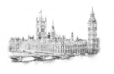 Big Ben, Londra, İngiltere. El çizimi çekilmiş. Beyaz arka plan üzerinde izole. Baskı, Hatıra Eşyası, kartpostallar, t-shirtler, Dekorasyon, resim için tarihsel showplace