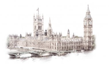 Big Ben, Londra, İngiltere. El çizimi çekilmiş. İzole 