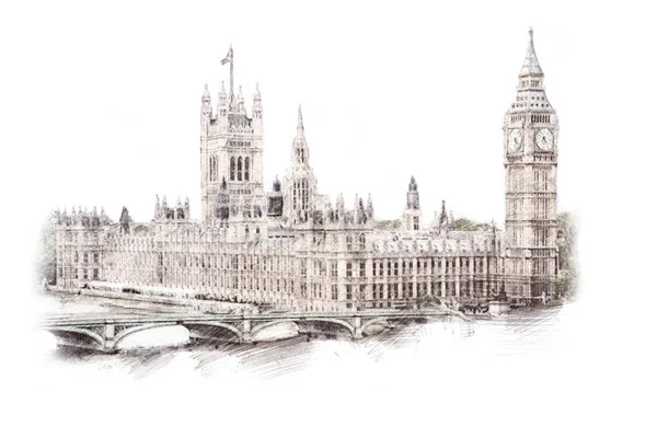 Big Ben, Londres, Angleterre, Royaume Uni. Illustration dessinée à la main. Isolé — Photo