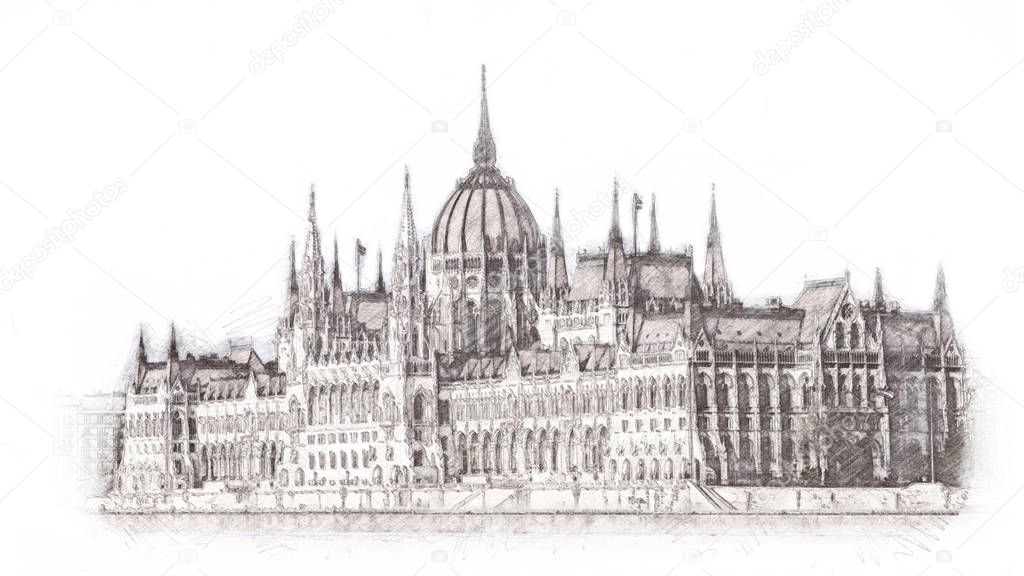 Hand drawn Hungarian parliament in Budapest. Illustration. Isolated on white background.