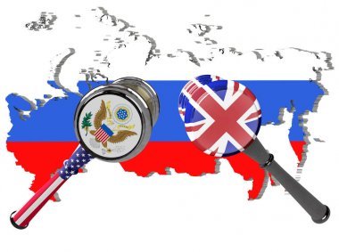Yargıç çekiç, Rusya, bayrak ve amblemi karşı Birleşik Krallık ve Amerika Birleşik Devletleri yaptırım. 3D çizim. Beyaz arka plan üzerinde izole.