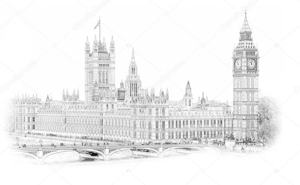 Big Ben, London, England, UK. Hand Drawn Illustration. Isolated on white background. Historical showplace for print, souvenirs, postcards, t-shirts, decoration, picture;