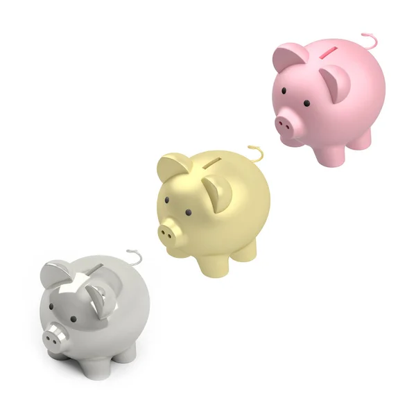 Set Piggy Banks Zilveren Spaarvarken Gouden Roze Geïsoleerd Een Witte — Stockfoto
