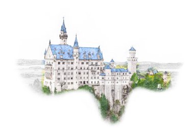 Münih, Bavyera, Almanya. Neuschwanstein Şatosu kroki tarzı. Baskı, Hatıra Eşyası, kartpostallar, t-shirtler, dekorasyon için tarihsel showplace suluboya çizimi.