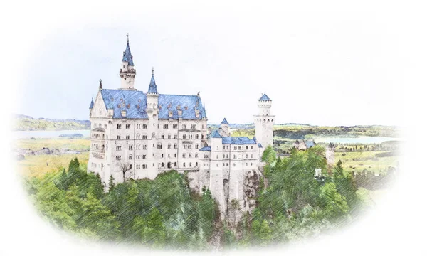 Hermosa vista del mundialmente famoso castillo de Neuschwanstein, el siglo XIX — Foto de Stock