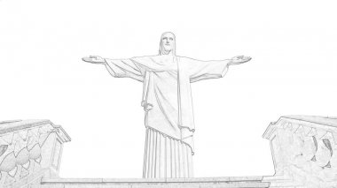 İsa'nın kurtarıcı heykeli, Rio de Janeiro, Brezilya. Serbest çizim kalem kroki. Tarihsel showplace baskı, Hatıra Eşyası, kartpostallar, t-shirtler, Dekorasyon, resim için. İllüstrasyon, beyaz arka plan üzerinde izole