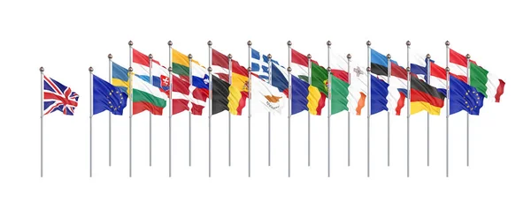 丝绸挥舞着28面欧盟国家的旗帜。隔离打开 — 图库照片