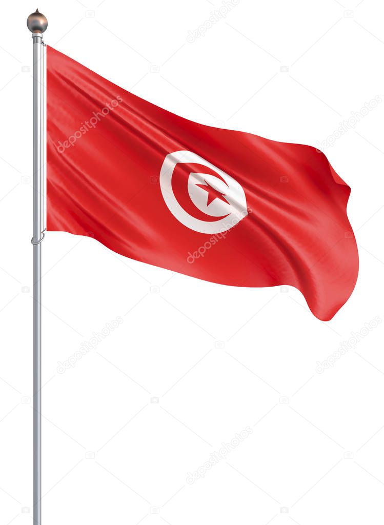 Tunisia flag blowing in the wind. Background texture. 3d rendering, waving flag. Isolated on white. Illustration.