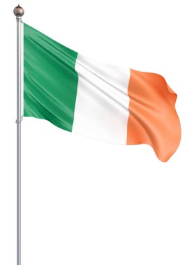 İrlanda bayrağı rüzgarda esiyor. Arka plan dokusu. 3d render, dalga. Beyaz üzerine izole.