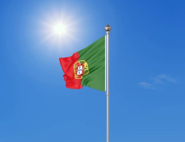 Üç boyutlu illüstrasyon. Güneşli mavi gökyüzü arka planında sallanan Portekiz bayrağı.