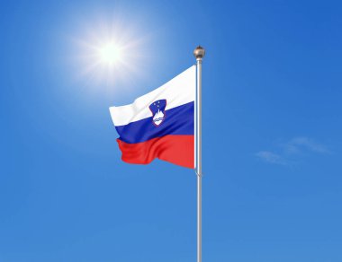 Üç boyutlu illüstrasyon. Güneşli mavi gökyüzü arka planında Slovenya 'nın renkli dalgalı bayrağı.