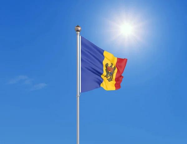 Απεικόνιση Έγχρωμη Κυματιστή Σημαία Της Μολδαβίας Ηλιόλουστο Μπλε Φόντο Του — Φωτογραφία Αρχείου