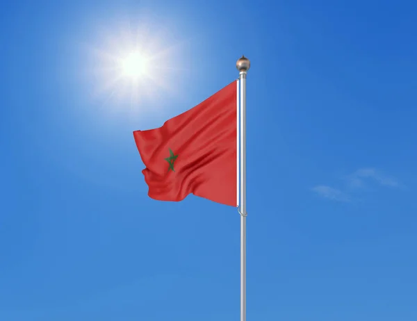 Illustrazione Bandiera Sventolante Colorata Del Marocco Sfondo Soleggiato Cielo Blu — Foto Stock