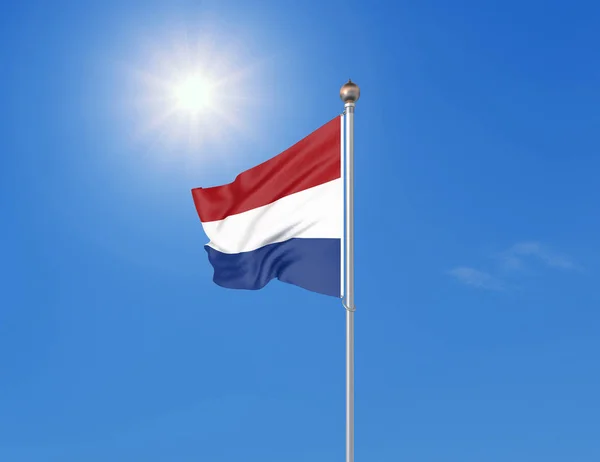 Illustratie Gekleurde Golvende Vlag Van Nederland Zonnige Blauwe Lucht Achtergrond — Stockfoto