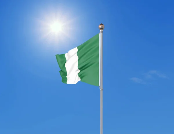 Απεικόνιση Έγχρωμη Κυματιστή Σημαία Της Νιγηρίας Ηλιόλουστο Μπλε Φόντο Του — Φωτογραφία Αρχείου