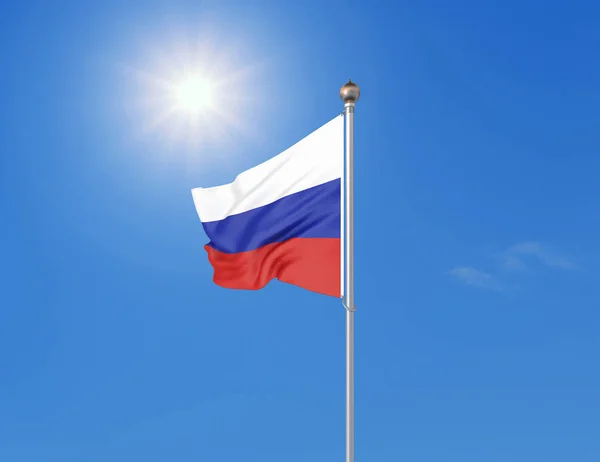 Illustrazione Bandiera Sventolante Colorata Della Russia Sfondo Cielo Blu Sole — Foto Stock