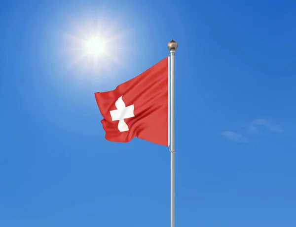 Illustratie Gekleurde Zwaaiende Vlag Van Zwitserland Zonnige Blauwe Lucht Achtergrond — Stockfoto