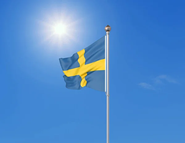 Иллюстрация Цветной Размахивая Флагом Швеции Солнечно Голубом Фоне Неба — стоковое фото