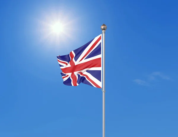 Απεικόνιση Έγχρωμη Κυματιστή Σημαία Του Ηνωμένου Βασιλείου Ηλιόλουστο Μπλε Φόντο — Φωτογραφία Αρχείου