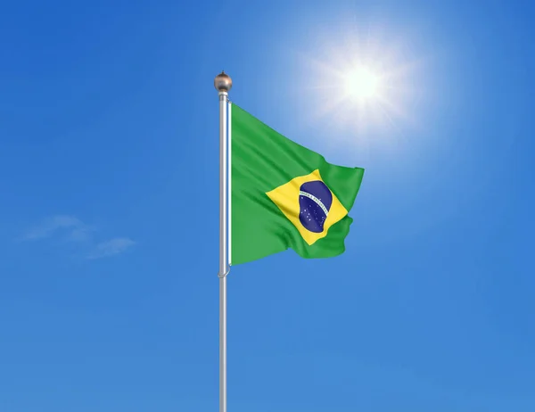 3Dイラスト 日当たりの良い青空の背景にブラジルの色の手旗 — ストック写真