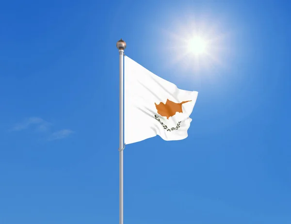 3D插图 在阳光灿烂的蓝天背景上飘扬着塞浦路斯国旗 — 图库照片