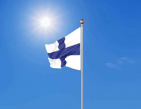 Ilustración Bandera Ondeante Finlandia Color Sobre Fondo Azul Soleado Del —  Fotos de Stock