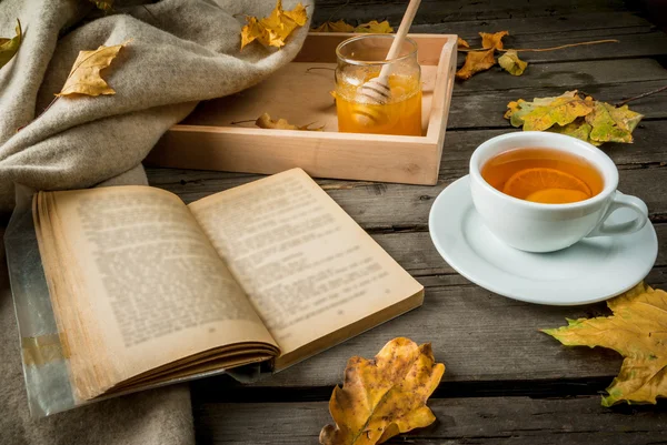 Up of hot tea with lemon and ginger on a rustic table, plaid, yellow leaves, honey — Stock Photo, Image