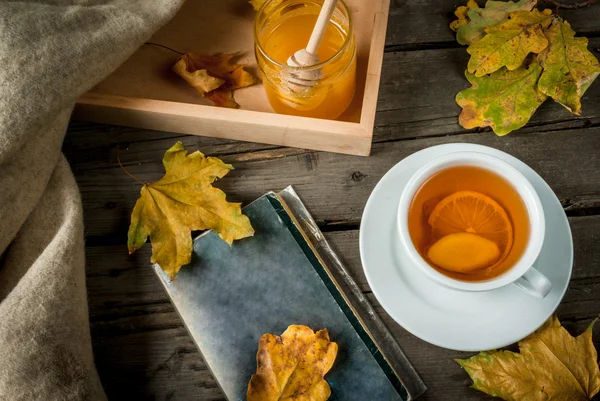 Up of hot tea with lemon and ginger on a rustic table, plaid, yellow leaves, honey — Stock Photo, Image