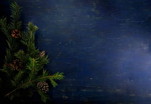 Ramo de árvore de Natal e cones de pinho na mesa de madeira velha — Fotografia de Stock