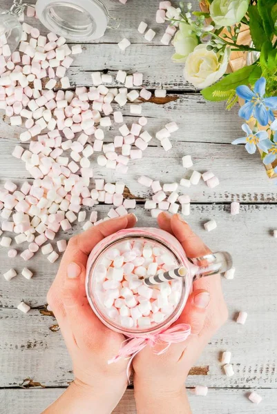 Pink hot chocolate with marshmallow