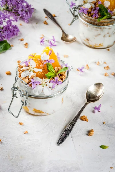 Yoghurt med granola, apelsin, mynta och ätbara blommor — Stockfoto