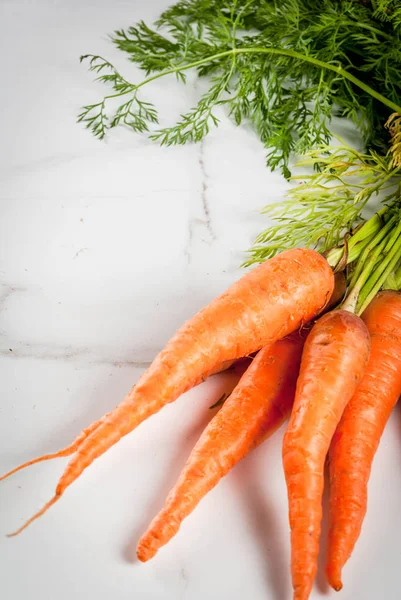 Zanahorias crudas frescas de granjero orgánico con hojas en una k de mármol blanco — Foto de Stock