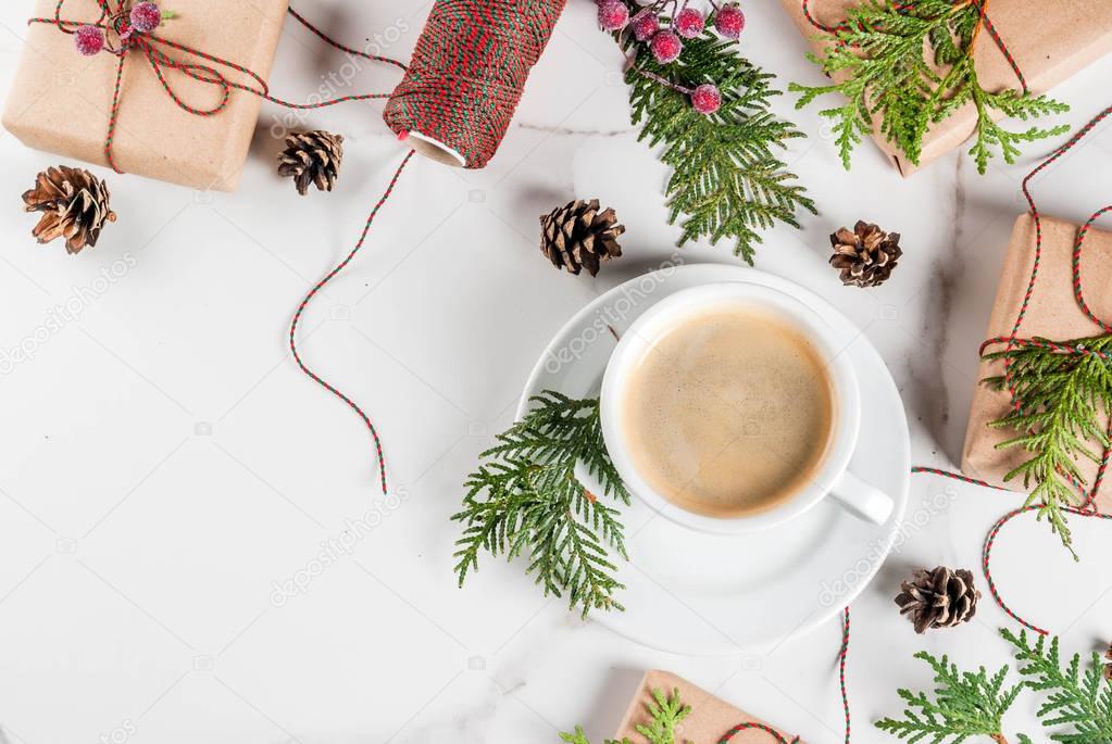 Preparation for Christmas with coffee and gifts