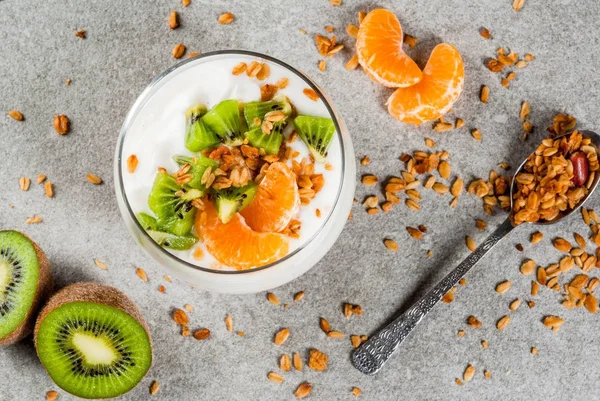 Tangerine and kiwi yogurt granola dessert — Stock Photo, Image