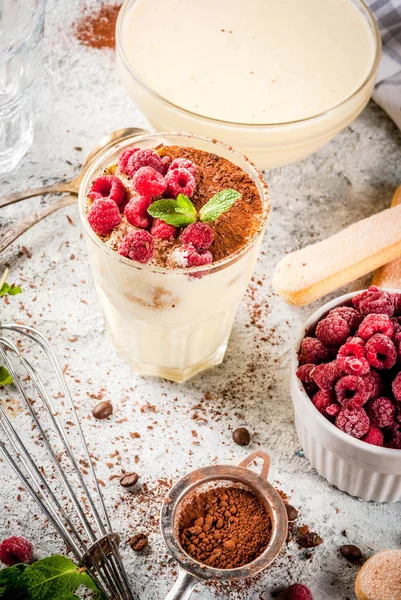 Tiramisu mit Minze und Himbeeren — Stockfoto