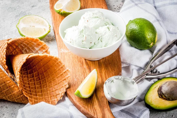 Mexican food, homemade organic lime and avocado ice cream, with