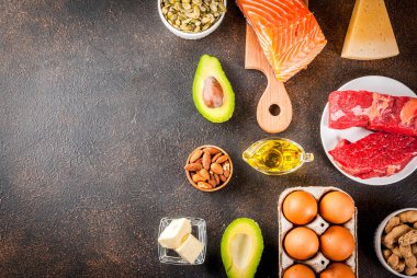 Ketogenic düşük karbonhidrat kavramı diyet. Hig sağlıklı dengeli gıda