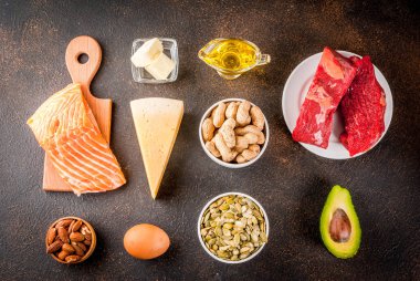 Ketogenic düşük karbonhidrat kavramı diyet. Hig sağlıklı dengeli gıda