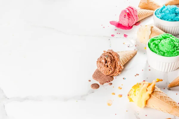 Different homemade melting ice cream in bowls and waffle ice cre — Stock Photo, Image