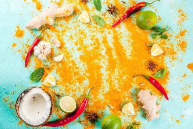 Asya ve Tay gıda, arka plan yemek. Baharat ve malzemeleri 