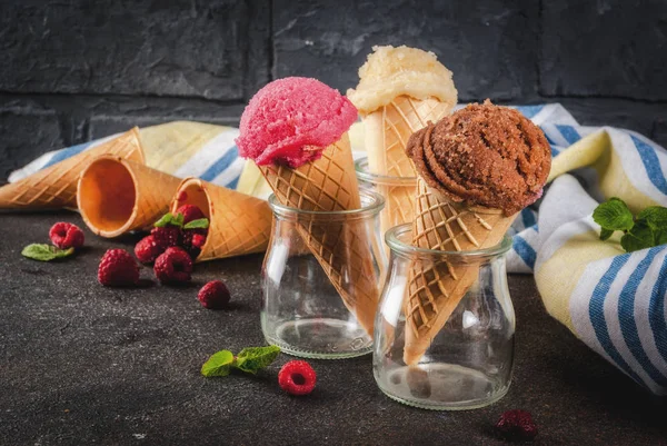 Various of ice cream flavor in cones