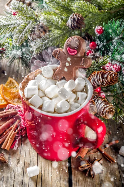 Taza de chocolate caliente de Navidad con hombre de pan de jengibre de chocolate — Foto de Stock