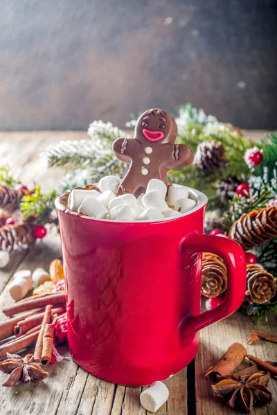 Taza de chocolate caliente de Navidad con hombre de pan de jengibre de chocolate — Foto de Stock