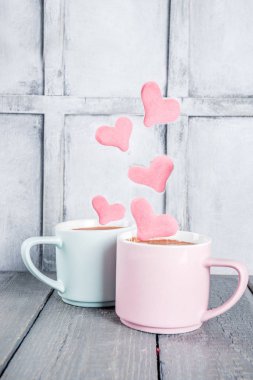 Uçan kalpli iki pastel bardak.