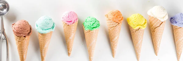 Colorful pastel ice cream with waffle cones — Stock Photo, Image