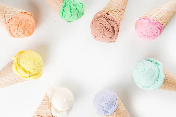 Colorful pastel ice cream with waffle cones — Stock Photo, Image