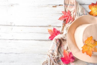 Sonbahar kompozisyon. Kadın keçe şapka, ekose battaniye, sonbahar kırmızı sarı turuncu yaprakları, ahşap eski masa, kopya alanı